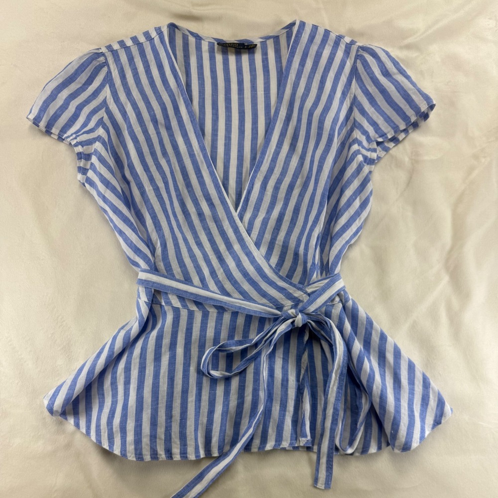 Polo Ralph Lauren Womens Blue White Striped 100% Linen Wrap Peplum Top Large